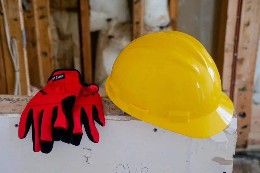 Illustrative stock photo: hard hat and work gloves